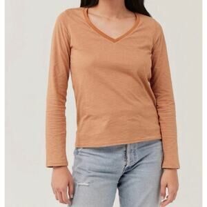 Pact Softspun V Neck Long Sleeve Tee Organic Cotton Striped Size Small